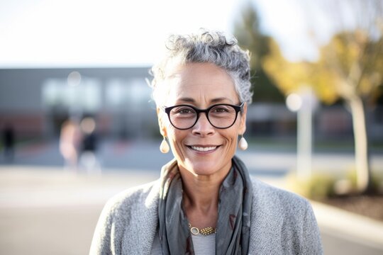 Environmental portrait photography of a grinning mature woman wearing a chic cardigan against a school campus background. With generative AI technology