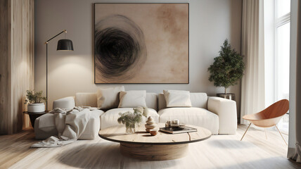 Fototapeta premium Stylish Living Room Interior with an Abstract Frame Poster, Modern interior design, 3D render, 3D illustration