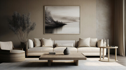 Stylish Living Room Interior with Landscape Frame Poster, Modern interior design, 3D render, 3D illustration