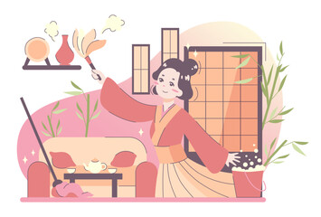 Daily routine of an asian woman. Japanese housewife in traditional