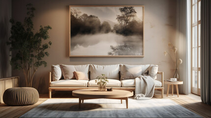 Fototapeta na wymiar Stylish Living Room Interior with Landscape Frame Poster, Modern interior design, 3D render, 3D illustration