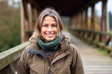 Medium shot portrait photography of a grinning mature woman wearing a durable parka against a rustic bridge background. With generative AI technology