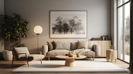Stylish Living Room Interior with a Tree Frame Poster, Modern interior design, 3D render, 3D illustration