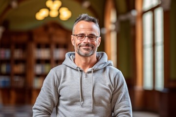 Fototapeta premium Lifestyle portrait photography of a glad mature man wearing a comfortable hoodie against a historic library background. With generative AI technology