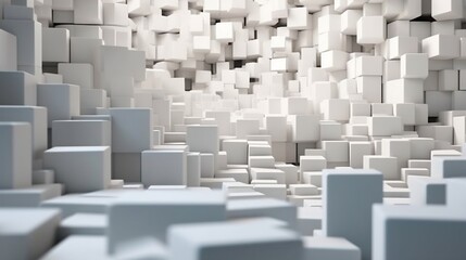 Envision a background filled with three-dimensional, white cube boxes. These cubes have been shifted randomly, creating an intricate mosaic of forms and spaces- illustration