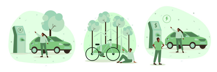 Vector illustrations in flat design style on the theme of environmental protection. Renewable energy, clean air, cleaner production, happy people in a clean environment