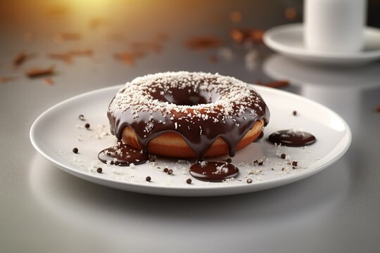 Chocolate donut in white plate with chocolate sprinkles. Generative AI image.