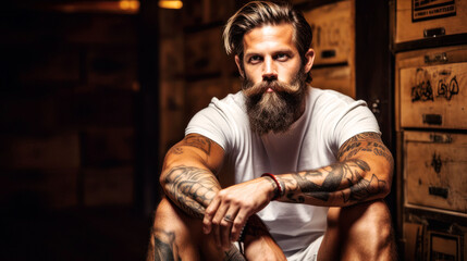 Fototapeta na wymiar A rugged, bearded man exudes strength, his tattooed arm a testament to his journey. Casual in a white tee, he sits on a worn wooden box in a loft, exuding a raw and confident aura. Generative AI