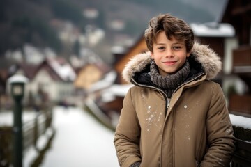 Environmental portrait photography of a grinning boy in his 30s wearing a cozy winter coat against a quaint european village background. With generative AI technology