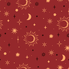 Seamless pattern in boho style with stars and moons on a red background. Vector graphics.