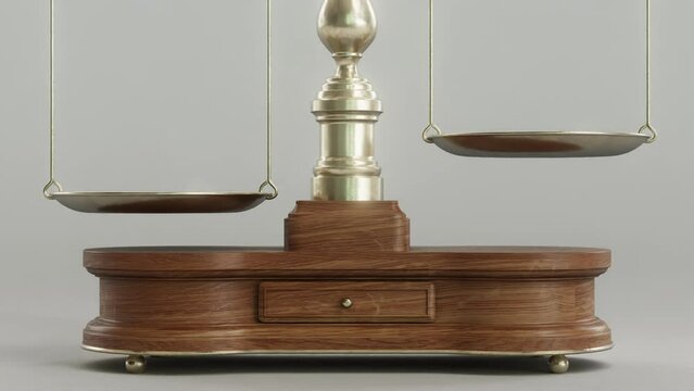 An ornate brass justice scale with a wooden base teetering on imbalance on a white isolated background