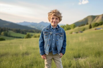 Naklejka na ściany i meble Full-length portrait photography of a satisfied kid male wearing a denim jacket against a rolling hills background. With generative AI technology
