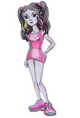 Teenager girl with colored hair, dressed in pink mini dress . Hand drawn illustration.