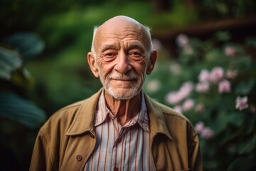 Medium shot portrait photography of a satisfied old man wearing a classy button-up shirt against a botanical garden background. With generative AI technology