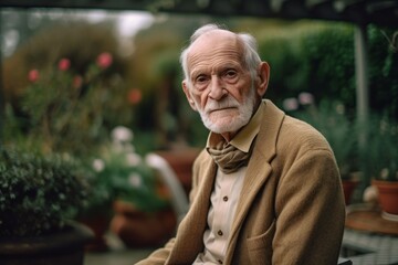 Medium shot portrait photography of a tender old man wearing a chic cardigan against a botanical garden background. With generative AI technology