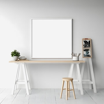 Creative Exploration: Vibrant Art Studio Setting Features Blank White Mockup Frame