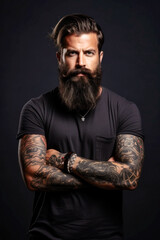 In a simple studio setup, a charismatic hipster bearded man radiates raw strength and confidence. With a striking tattoo adorning his arm, he exudes a magnetic allure. Generative AI