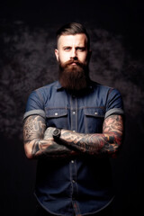 In a simple studio setup, a charismatic hipster bearded man radiates raw strength and confidence. With a striking tattoo adorning his arm, he exudes a magnetic allure. Generative AI