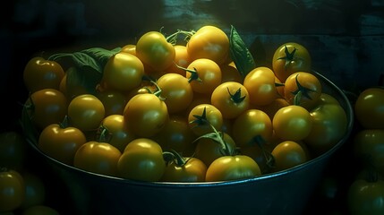Yellow ripe tomatoes lying on a pile on top of each other. Generative AI