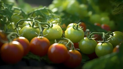 Red and green tomatoes on a branch. Generative AI