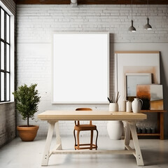 Artistic Inspiration: Vibrant Art Studio Display with a Blank White Mockup Frame