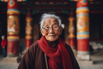 Fototapeta na wymiar Environmental portrait photography of a glad old woman wearing a chic cardigan against a traditional asian temple background. With generative AI technology