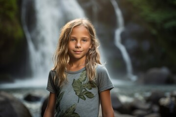 Medium shot portrait photography of a satisfied kid female wearing a casual short-sleeve shirt against a majestic waterfall background. With generative AI technology