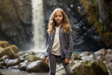 Lifestyle portrait photography of a joyful kid female wearing a comfortable pair of jeggings against a majestic waterfall background. With generative AI technology