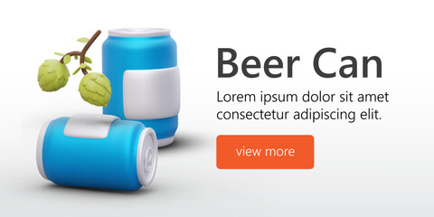 Template for web page about cans. Metal portioned cans for alcoholic beverages. Horizontal banner with colored 3D elements. Editable text, bright view more button