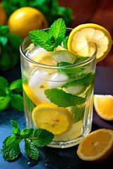 Glass of lemonade or mojito with lemon and mint on a dark background, close-up. Summer refreshing drinks. Generated AI.

