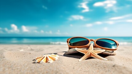 Fototapeta na wymiar Sunglasses on sandy beach in summer, starfish vacation on Island, reflection sunglasses, generative AI