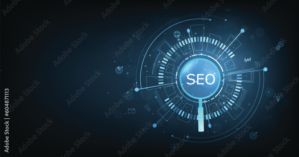 Poster SEO, Search Engine Optimization concept. Smart search, Searching information data on internet networking concept.