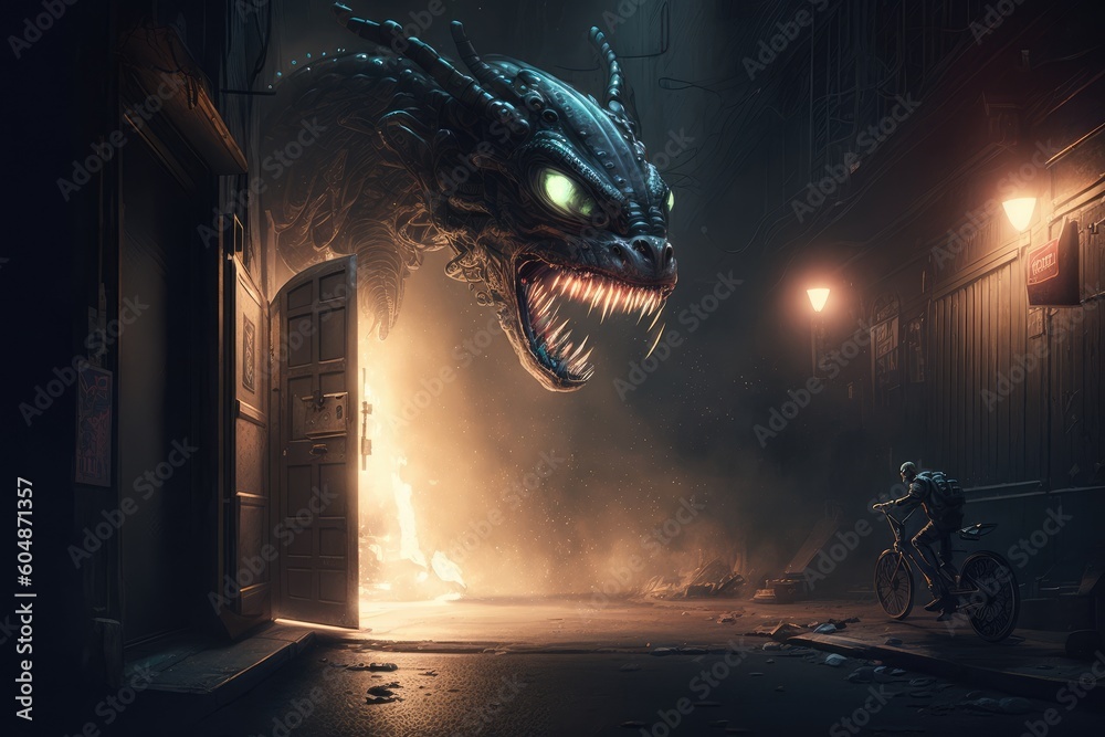 Wall mural alien blaster running through dark and mysterious alleyway in the night, created with generative ai