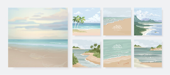 Set of beautiful banner, poster or greeting card design template with sandy summer beach. Set of nature landscape background. Vector illustration © AM_art