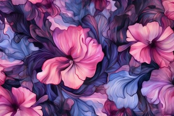 Fototapeta na wymiar Background of a seamless floral pattern in violet, red, pink, purple, and black. Generative AI