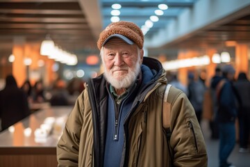 Fototapeta premium Medium shot portrait photography of a glad old man wearing a stylish hoodie against a bustling food court background. With generative AI technology