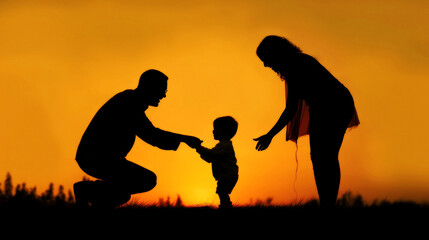 Obraz premium As the sun set in hues of orange, a beautiful silhouette emerged. The parents, filled with joy, guided their little boy as he took his first steps. Love and support painted the sky. Generative AI