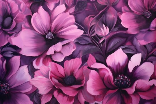 Background of a seamless floral pattern in violet, red, pink, purple, and black. Generative AI