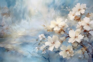 Watercolor wallpaper with flowers, in the style of light brown and azure, ethereal and dreamlike atmosphere. Generative AI