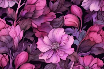 Background of a seamless floral pattern in violet, red, pink, purple, and black. Generative AI