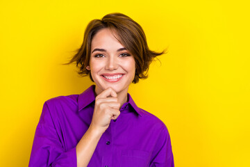 Portrait photo of young optimistic charming lady business worker touch chin wear purple trendy...
