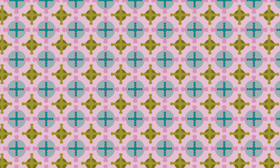 Pattern that combines circles of with turned crosses.Pastel aquamarine,turquoise,pink and gold colors.Geometric mosaic.For tiles,textile,packaging,branding,design,graphic design,decoration, stationary