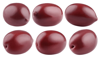 red Olives isolated on white background, full depth of field