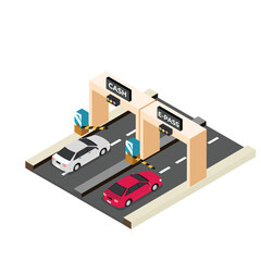 Cars passing through checkpoint to pay road toll at highway isometric 3d vector illustration concept for banner, website, illustration, landing page, flyer, etc.