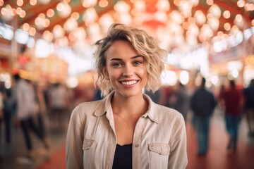 Lifestyle portrait photography of a satisfied girl in her 30s wearing an elegant long-sleeve shirt against a crowded amusement park background. With generative AI technology