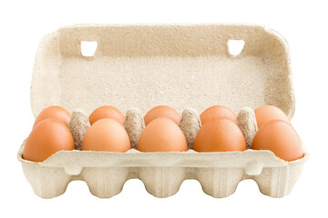 chicken eggs, ten, in paper box, isolated on white background, full depth of field © grey