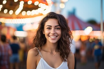 Group portrait photography of a satisfied girl in her 30s wearing a cute crop top against a crowded amusement park background. With generative AI technology