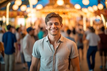Lifestyle portrait photography of a glad boy in his 30s wearing a casual short-sleeve shirt against a crowded amusement park background. With generative AI technology