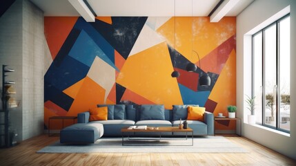 Living Room With Full Wall Flat Geometric Orange Yellow Blue. Generative AI