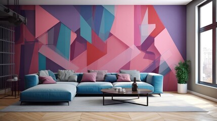 Living Room With Full Wall Flat Geometric Purple Blue Purple. Generative AI